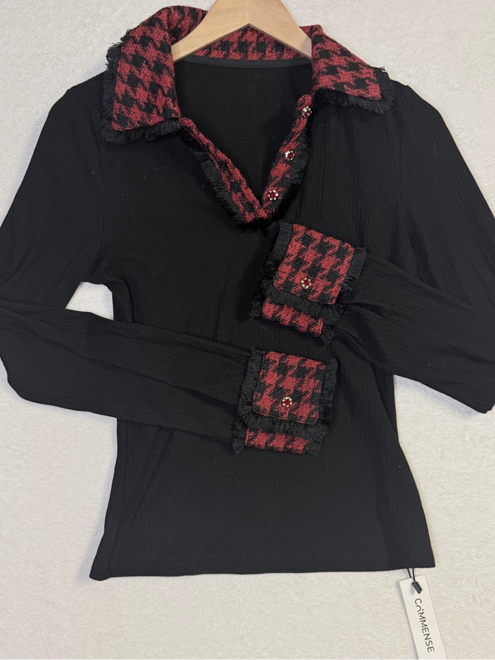 Black Button-Down Top with Red Houndstooth Trim by Commense